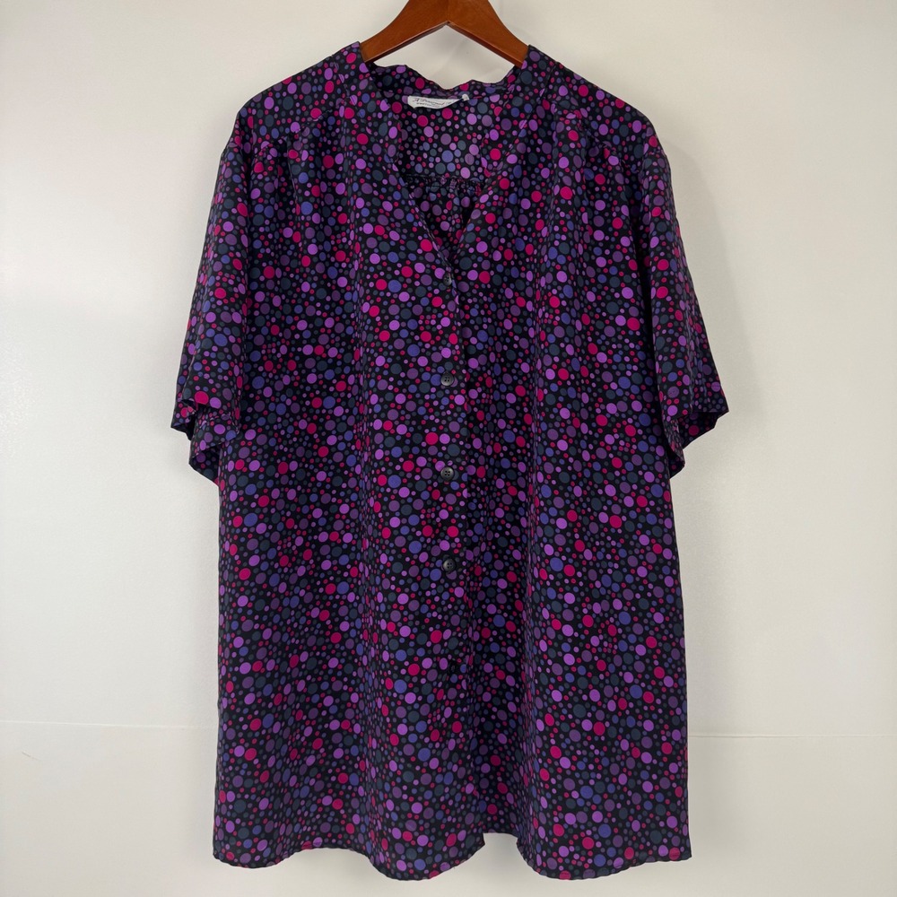 A Personal Touch Blouse Women 5X Purple Polka Dot Button Front Short Sleeve Top